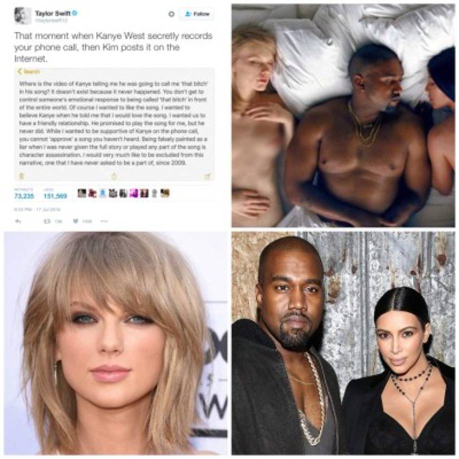 Kanye West y Kim Kardashian vs Taylor Swift: la pelea entre estos tres comenzó en 2009, cuando Kanye no dejó a Taylor terminar su discurso de aceptación después de ganar un premio. Hace poco, luego de 'limar asperezas', Kanye sacó su canción 'Famous', en la cual insulta a Swift y la muestra desnuda junto a él y a otras celebridades. La cantante dijo que no autorizó que esto pasara, pero al poco tiempo la esposa de West, Kim Kardashian, sacó a la luz una conversación en la que Taylor y Kanye se ponían de acuerdo al respecto. <br/>Cuesta creer que Taylor haya aceptado que la llamarán 'esa perra' (that bitch).