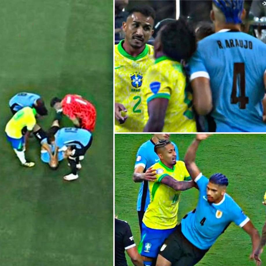 Bronca entre compañeros del FC Barcelona. Con el balón parado, Ronald Araújo le propinó un fuerte empujón por la espalda a Endrick y se llevó una reprimenda de su compañero del Barça, Raphinha, quien llegó a empujar al uruguayo.
