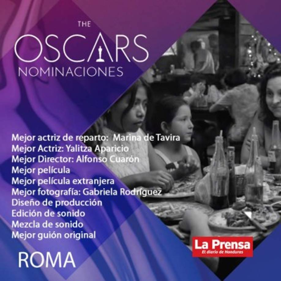 ROMA<br/><br/>La cinta del mexicano Alfonso Cuarón hizo historia al convertirse en la primera vez que una producción en español aspira al premio estrella de los Óscar: mejor película.<br/><br/>Además, con la nominación de debutante Yalitza Aparicio como mejor actriz, se marca un hito para las latinas que habían estado ausentes en la categoría por 14 años. La última nominada fue Catalina Sandino Moreno por María llena eres de gracia en 2005.<br/><br/>Aparicio es la cuarta actriz latina en ser nominada en categoría, y es la segunda mexicana, después de Salma Hayek.