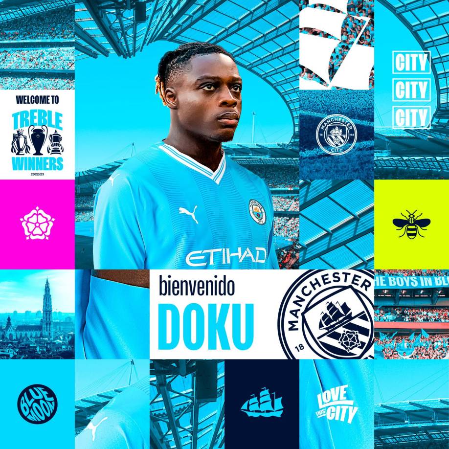  El Manchester City anunció este jueves el fichaje del extremo belga Jeremy Doku por 55 millones de libras (64 millones de euros).
