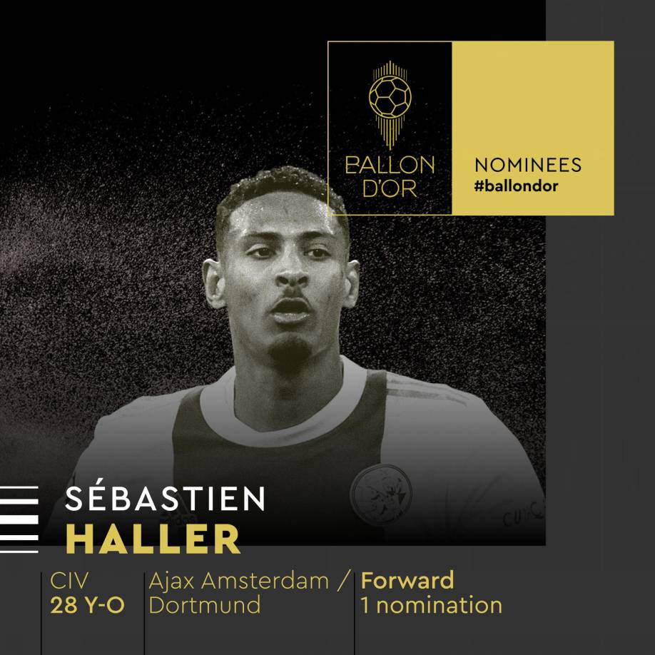 Sébastien Haller - El delantero francomarfileño del Borussia Dortmund, en el Ajax la temporada pasada, recibe su primera nominación para el Balón de Oro.