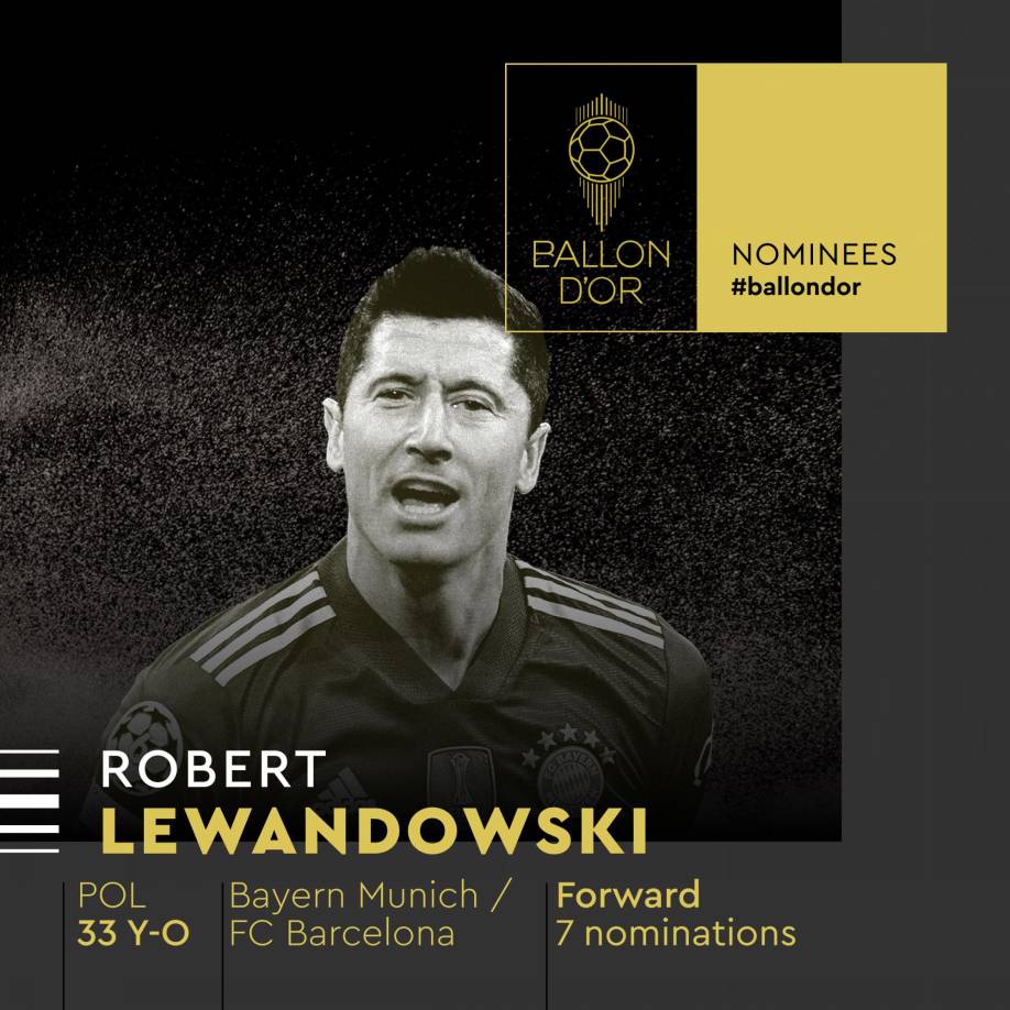 Robert Lewandowski - El delantero del Barcelona, que la temporada pasada jugó en el Bayern Múnich, es uno de los favoritos para el galardón. Fue Bota de Oro la campaña anterior y esta es su séptima vez en la lista del Balón de Oro.