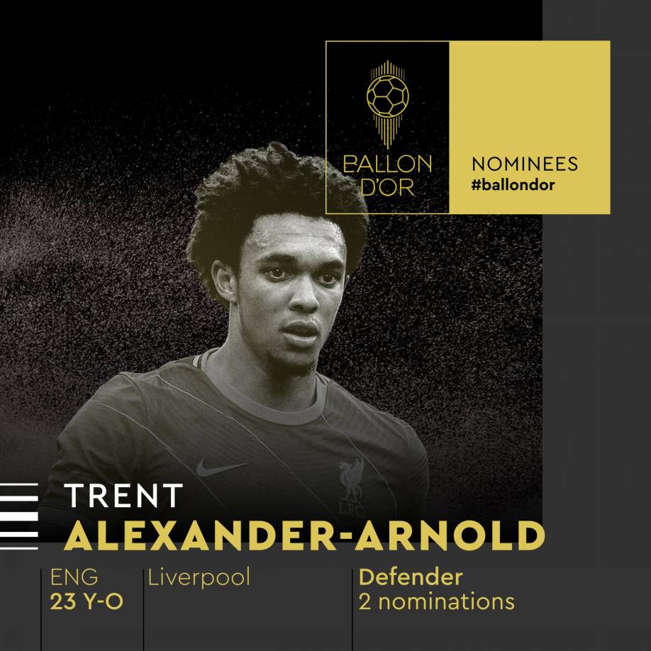 Tren Alexander-Arnold - El defensa inglés del Liveprool aparece por segunda vez entre los nominados para el Balón de Oro.