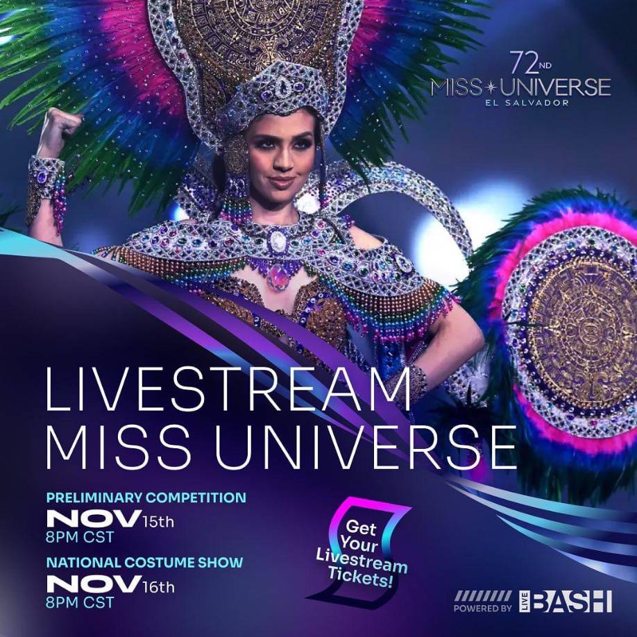 Usted puede ver la competencia preliminar y el espectáculo de trajes típicos nacionales en vivo exclusivamente en <a rel="nofollow" href="https://missuniverse.livebash.com/?step=1">Live Bash</a>. Estas transmisiones no se harán por YouTube. Los que compren su entrada para verlo por streaming tendrán acceso a una copia digital para volver a verlo cuando quieran.