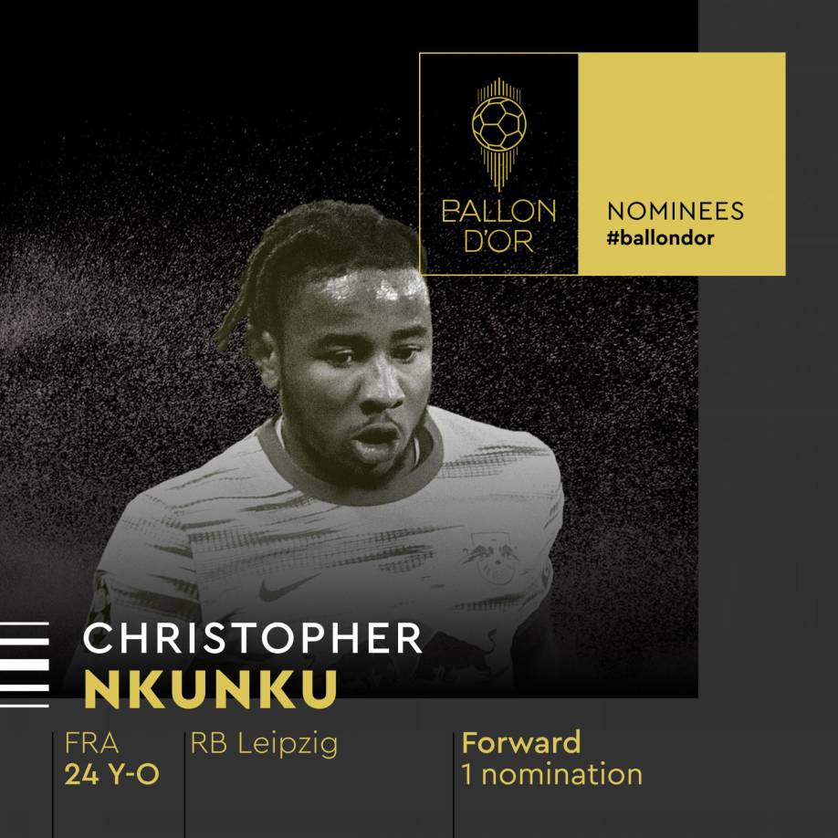 Christopher Nkunku - El centrocampista francés del RB Leipzig también recibe su primera nominación al Balón de Oro.