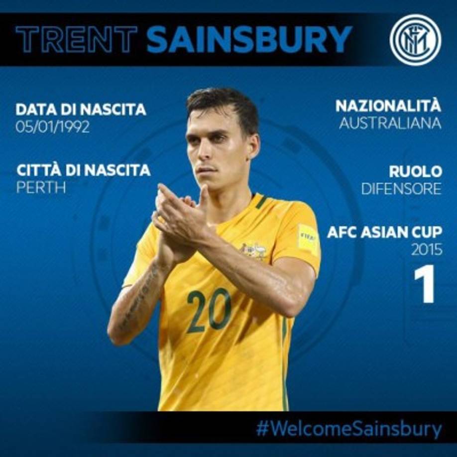 El Inter de Milan logra la cesión del central australiano Trent Sainsbury, del Jiangsu Suning chino, hasta final de temporada.