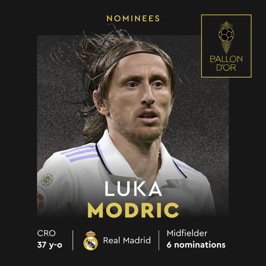 Luka Modric (Real Madrid) - El mediocampista croata obtiene su sexta nominación al galardón. Ganó Copa del Rey, Mundial de Clubes y Supercopa de la UEFA.