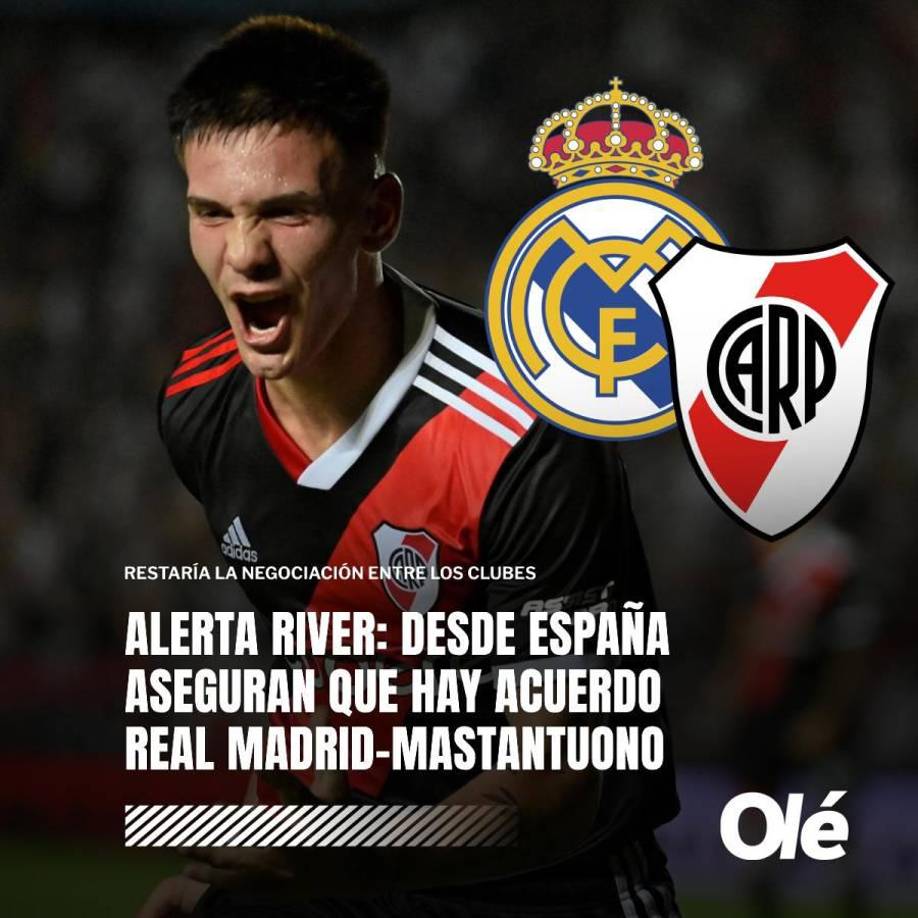 El Real Madrid ya habría alcanzado un acuerdo salarial con Franco Mastantuono, la perla de River Plate (16 años) que juega como mediocampista. Ha sido tasado en 45 millones de euros y solo faltaría la negociación entre ambos equipos, según los reportes de la prensa española.