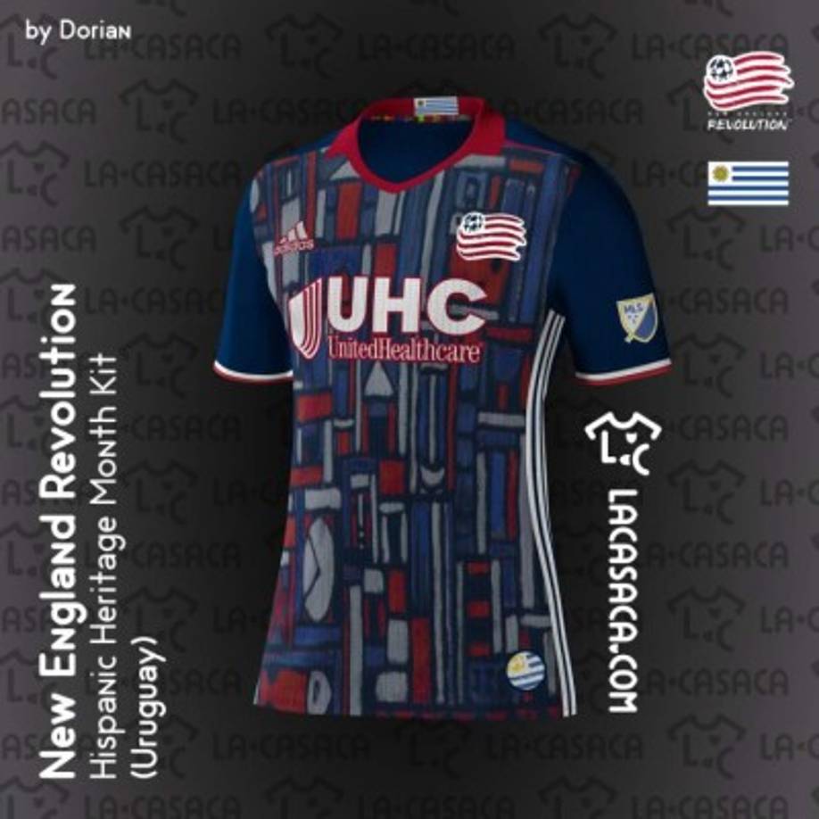 La camiseta del New England Revolution, donde jugó el hondureño Jerry Bengtson, en representación de Uruguay por el delantero Diego Fagúndez.