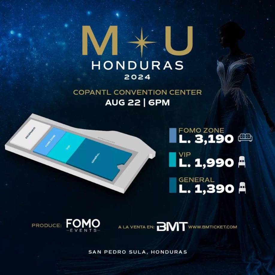 Ya quedan pocas entradas para el Miss Honduras Universo 2024. Si gusta, aún puede adquirir sus boletos en las siguientes áreas: la que está más cerca del escenario y con cómodos sillones es Fomo Zone, con un valor de L3190. Un poco más atrás se encuentra VIP, en la cual habrá sillas y tiene un valor de L1990. Por último, el área General, misma que tiene un precio de L1390. De igual forma, habrá pantallas y un audio de primer nivel para no perderse ningún detalle. 