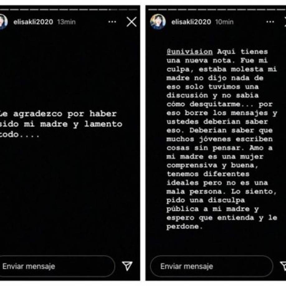 Ante el escándalo que provocaron sus declaraciones, a la joven no le quedó más remedio que pedir perdón a su madre Cynthia Klitbo. “Pido una disculpa pública por lo que comenté sobre mi madre. Estaba molesta con ella porque tuvimos una discusión. Le agradezco por haber sido mi madre y lamento todo”, expresó Elisa en varias historias.