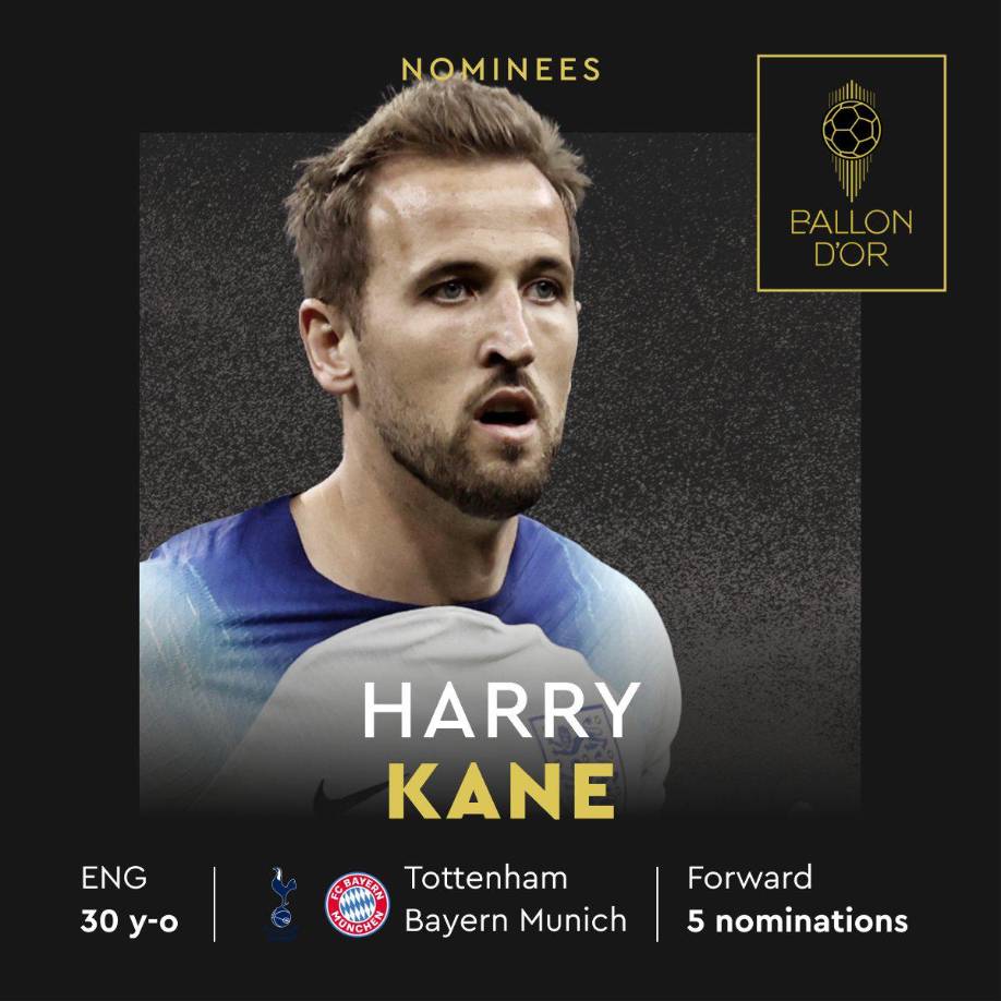 Harry Kane - (Tottenham/Bayern Múnich) - El delantero inglés recibió su quinta nominación al Balón de Oro.