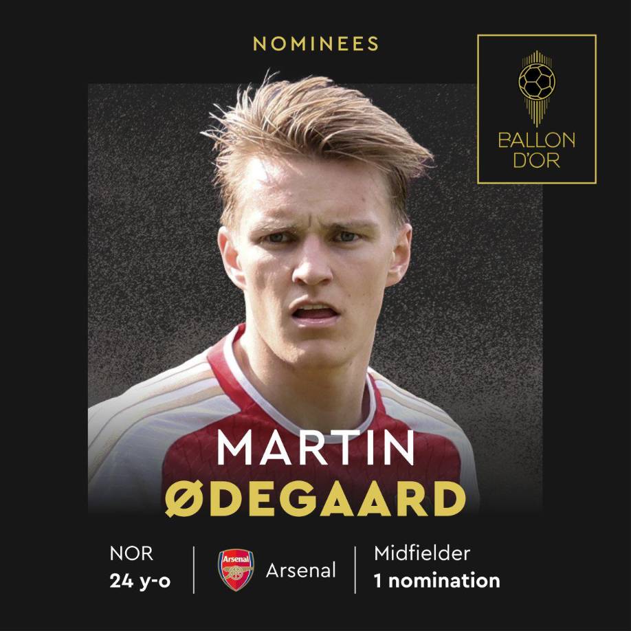 Martin Odegaard (Arsenal) - El mediocampista noruego es otro de los nominados por primera vez al Balón de Oro.