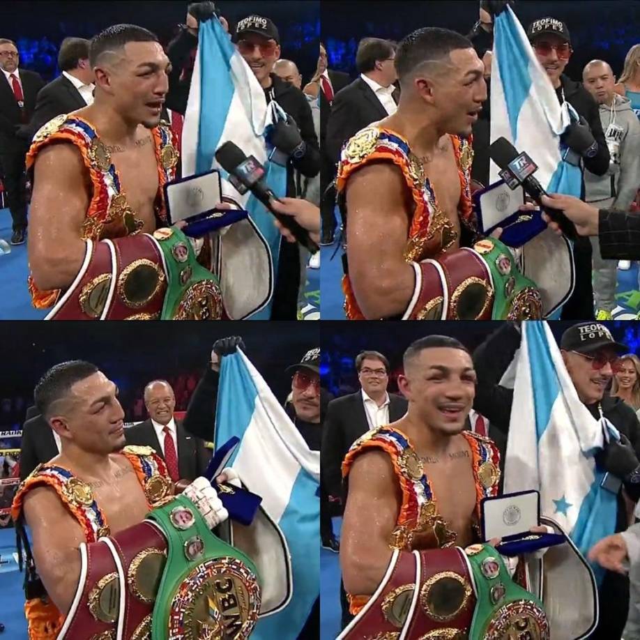 ¡Qué detallazo! Después de su victoria, Teófimo López recibió de regalo la llave de la ciudad de Miami. El público comenzó a corear “Honduras, Honduras” y el boxeador también se unió con la bandera cinco estrellas presente. 