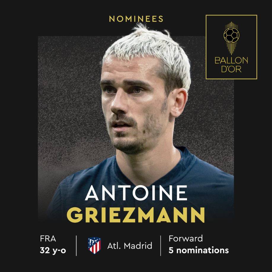 Antoine Griezmann (Atlético de Madrid) - El delantero francés recibe su quinta nominación al Balón de Oro.