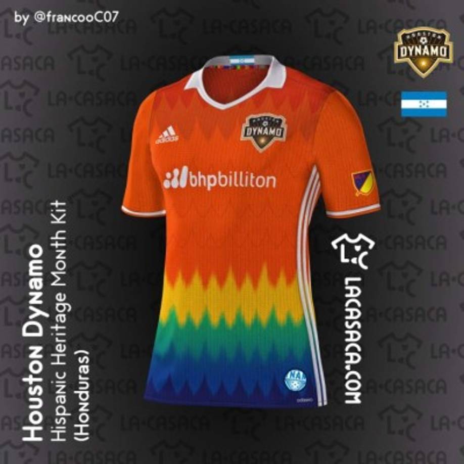 No podía faltar Honduras en una de las camisetas. Y es la del Houston Dynamo debido al mediocampista Boniek García, quien ha destacado con buen suceso en el conjunto naranja.