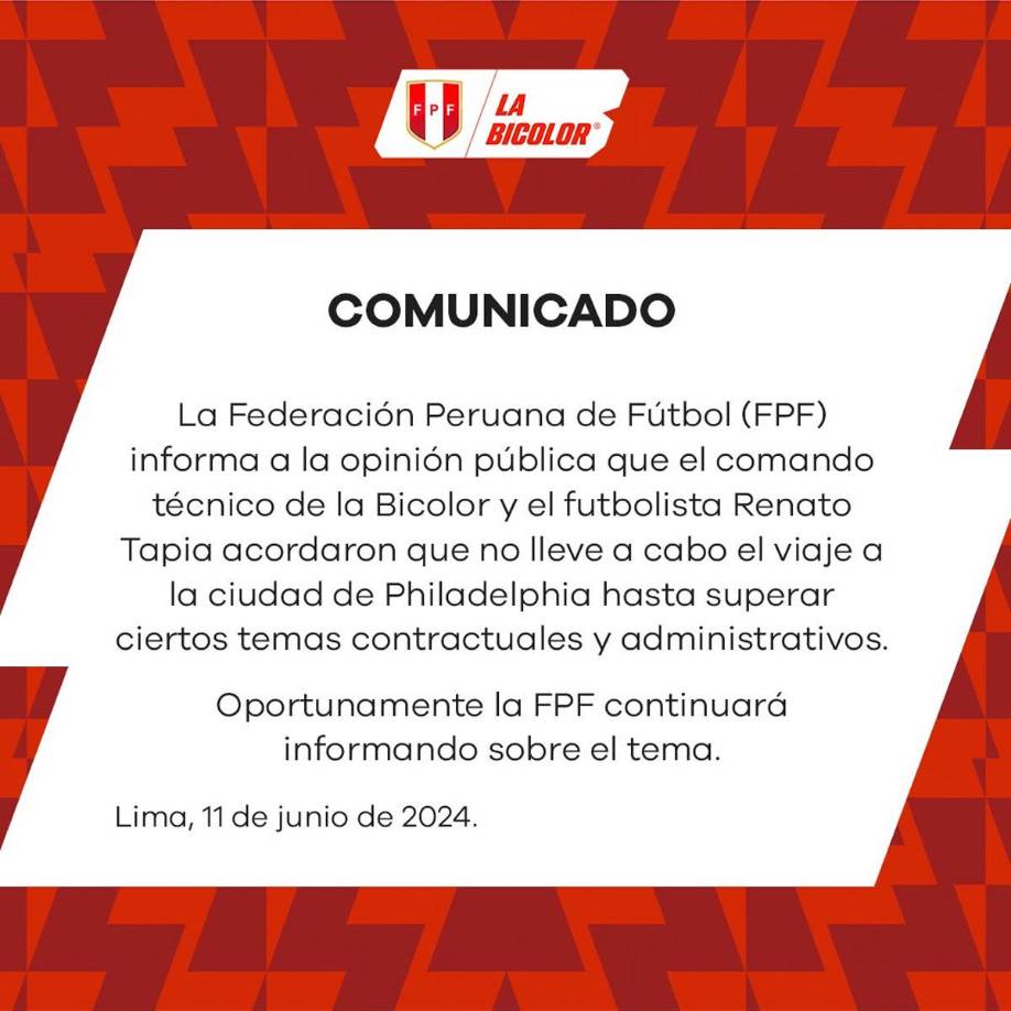 En la lista de viajeros fue notoria su ausencia, por lo que la FPF aseguró que el jugador aún debía “superar ciertos temas contractuales y administrativos” y que “oportunamente” iba a ofrecer más información sobre su caso.