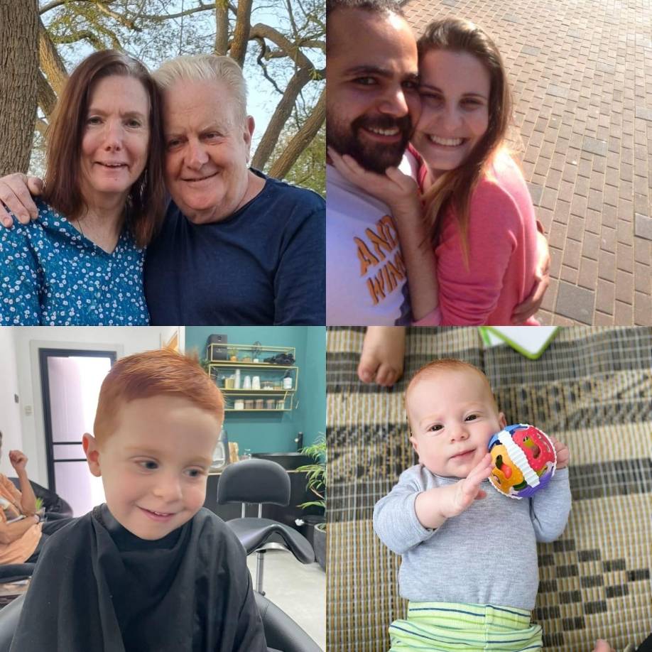 Shiri con sus dos hijos: Kfir, de 9 meses, y Ariel, de 3 años, fueron secuestrados de su casa en el Kibutz Nir-Oz. Su esposo, Yarden, junto a sus padres, Yossi y Margit, aparentemente fueron secuestrados y llevados a Gaza. Margit está enferma y necesita sus medicamentos. 