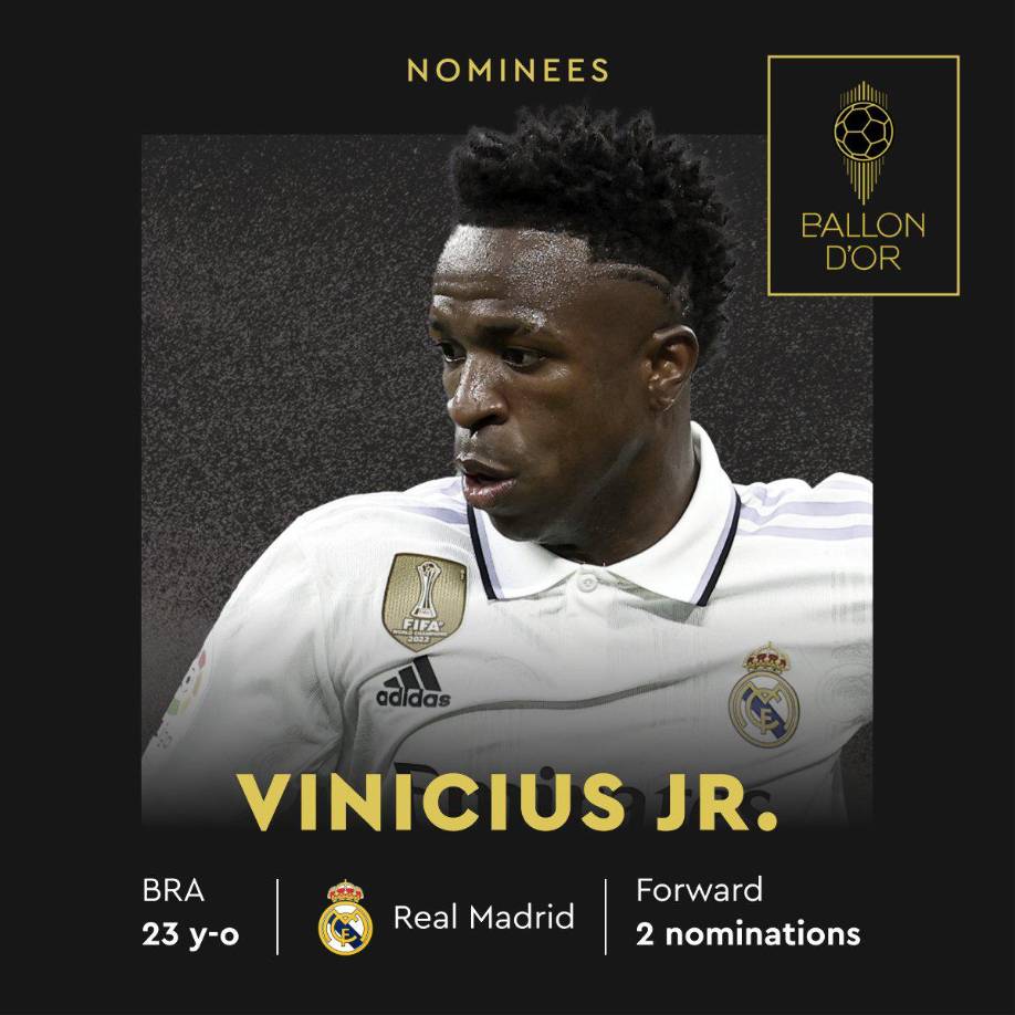 Vinicius (Real Madrid) - El brasileño recibe su segunda nominación al Balón de Oro tras anotar la campaña pasada 25 goles y dar 26 asistencias. Ganó Copa del Rey, Mundial de Clubes y Supercopa de la UEFA.