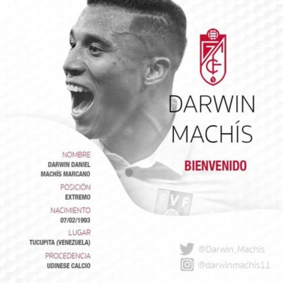 El Granada de España ha fichado al atacante venezolano Darwin Machís por .500.000 €. Firma hasta junio de 2023, llega procedente del Udinesse.
