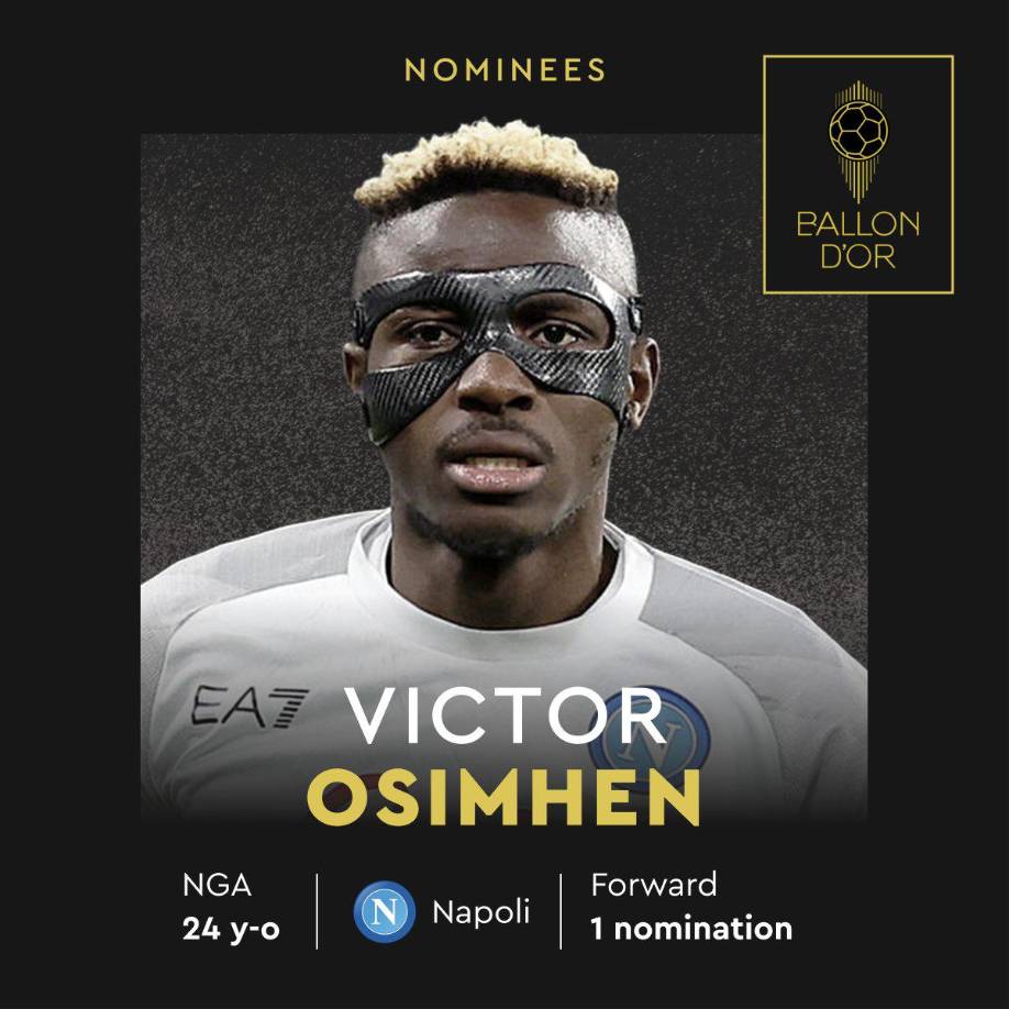 Victor Osimhen (Napoli) - El delantero nigeriano también recibe su primera nominación al Balón de Oro. Ganó la Serie A marcando 33 goles y dando cinco asistencias.