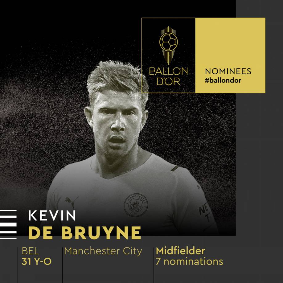 Kevin de Bruyne - El mediocampista belga del Manchester City está por séptima vez entre los nominados al Balón de Oro.