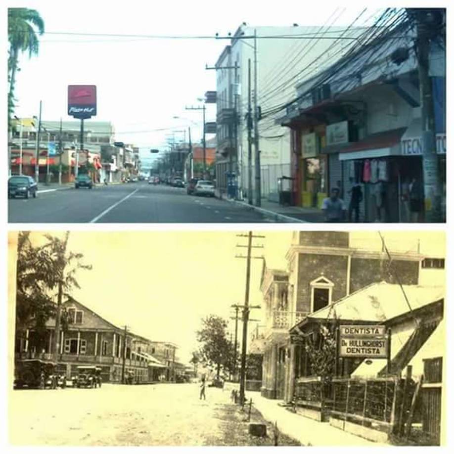 Avenida San Isidro de sur a norte en la imagen antigua casi todas las casas eran de madera. 