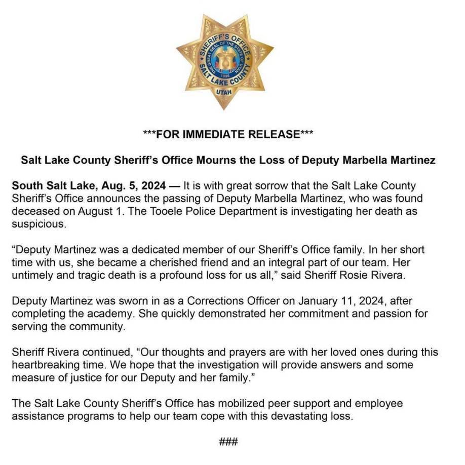 La Oficina del Alguacil del Condado de Salt Lake anunció el fallecimiento de la agente Marbella Martínez, quien fue encontrada muerta el 1 de agosto en su casa en Tooele.
