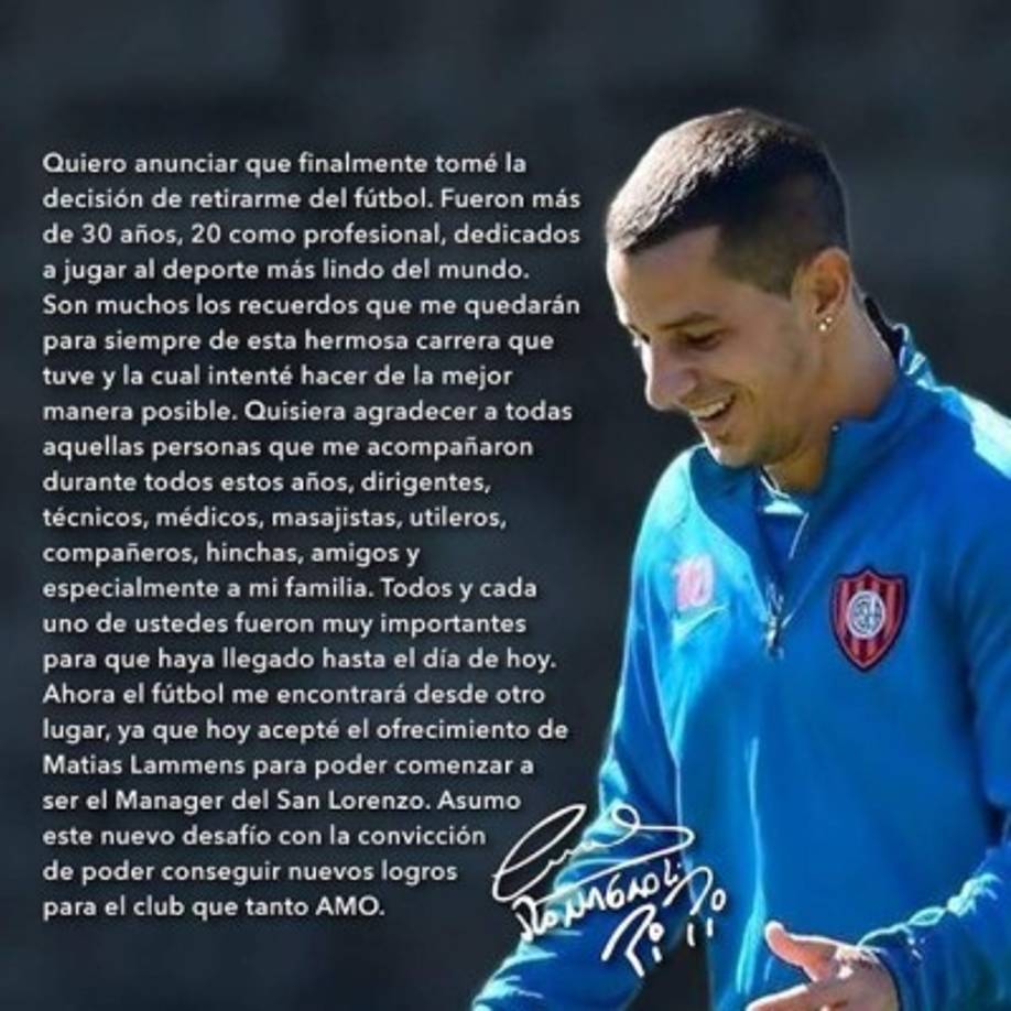 Leandro Romagnoli, símbolo de San Lorenzo y del fútbol argentino, anunció su retiro del fútbol a través de cuenta de Twitter con una emotiva carta. Foto @ElPipiRomagnoli
