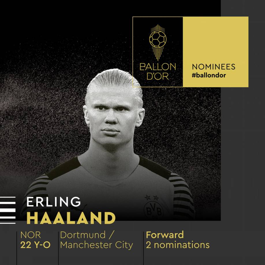 Erling Haaland - El delantero noruego del Manchester City, la campaña anterior en el Borussia Dortmund, aparece por segunda vez entre los nominados al Balón de Oro.
