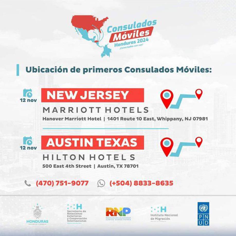 En New Jersy y Ausitn, Texas, los consultados serán en dos hoteles. Cancillería informó que la emisión de certificado de nacimiento y el enrolamiento es gratis. Los demás documentos tienen un costo.