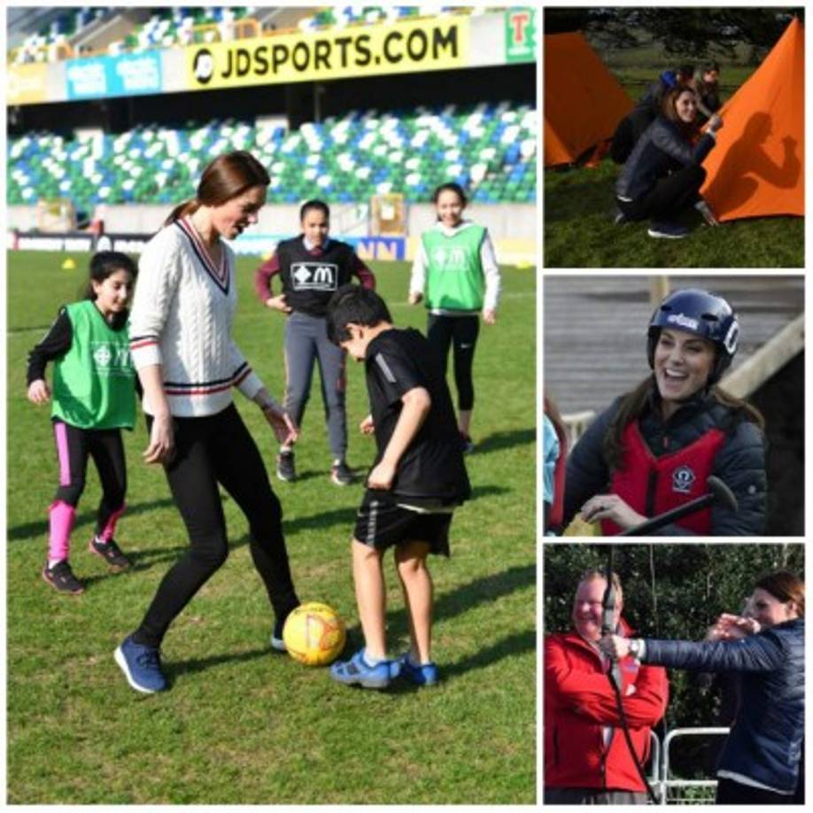Durante estas visitas la madre de tres demostró sus aptitudes deportivas jugando fútbol, remando en canoa y hasta practicando tiro al blanco, entre otras actividades.