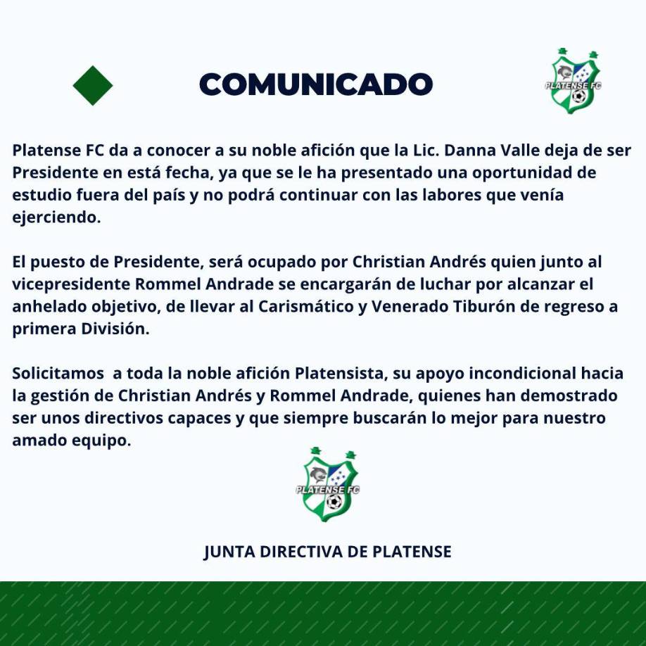 Comunicado del Platense sobre la salida de Danna Valle como presidenta del club.