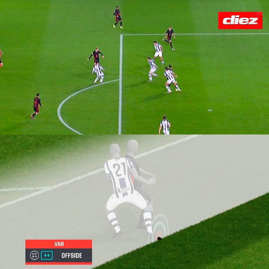 Inicialmente la imagen ofrecía sus dudas pues parecía que el defensa de la Real Aguerd era quien tenía el pie un poco más adelantado que el delantero del Barça, la instantánea que generaron en la sala VAR con el fuera de juego semiautomático daba a entender que el pie era de Lewandowski.