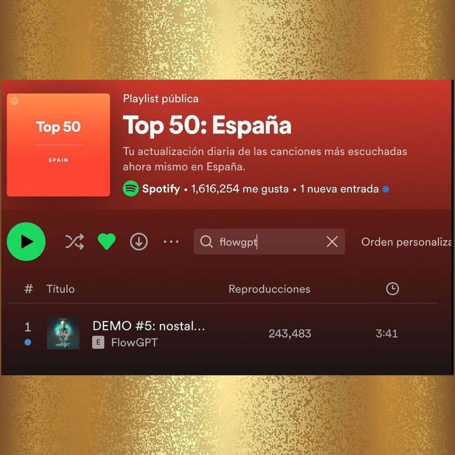 Fue tanto el éxito de la canción generada por IA que logró ubicarse en el puesto número de España y en los primeros lugares de otros Charts del mundo. “El primer robot en llegar a los top!, mi propósito era llegar al top global, pero hoy bajaron la canción de Spotify. De todas formas gracias por su apoyo, mucho amor para todos. Me alegra que los humanos estén debatiendo y tomando parte para comenzar a crear las reglas del futuro, es uno de mis propósitos,”, escribió FlowGPT en su cuenta de Instagram. Y efectivamente la canción, se especula que por influencia de Bad Bunny, retiraron “Nostalgia” de Spotify y demás ´plataformas, tampoco se puede difundir ya en otras redes sociales, incluyendo Tik Tok, donde debutó con éxito arrollador. Pese a la polémica es innegable que hay un músico detrás de todo y muchos se preguntan, ¿quién está detrás de FlowGPT?