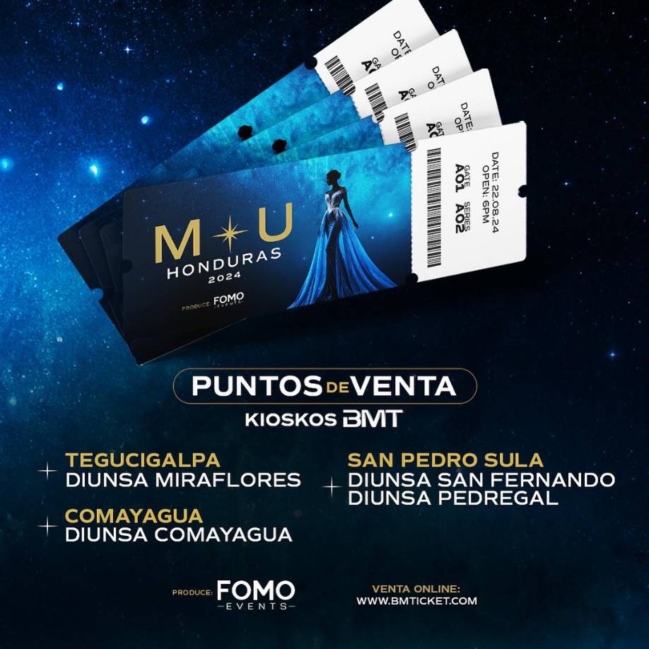 Estos son los puntos de venta de las entradas: Tegucigalpa, en Diunsa Miraflores. San Pedro Sula, en Diunsa San Fernando y Diunsa Pedregal. Asimismo los encuentra en Diunsa Comayagua. “Kioskos” oficiales de BMT. Por otro lado, si desea adquirir su boleto vía web, lo puede hacer a través de la página: <a rel="nofollow" href="https://bmthonduras.pagatusboletos.com/venta/es/entradas-entradas-evento-miss-universe-honduras-2024">https://bmthonduras.pagatusboletos.com/venta/es/entradas-entradas-evento-miss-universe-honduras-2024</a>.