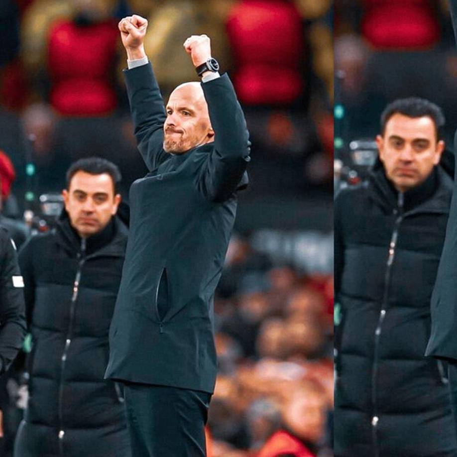 Erik ten Hag celebrando la remontada de su Manchester United, mientras Xavi Hernández lo observa con cara de pocos amigos. ¡Qué mirada!