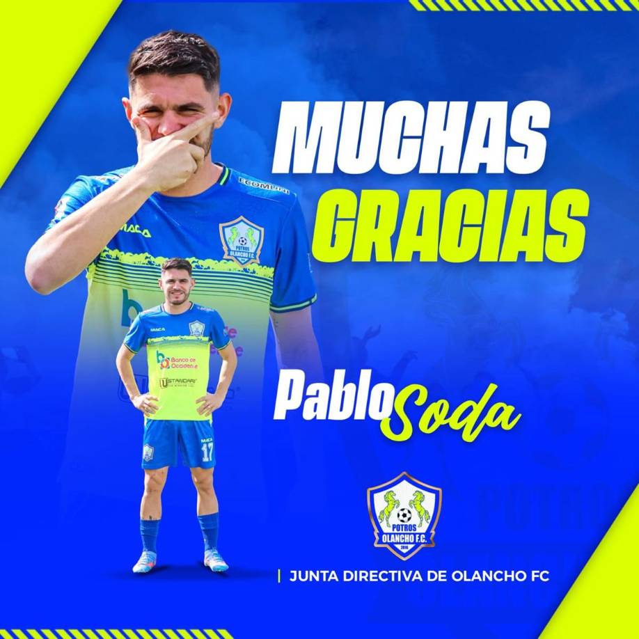 Pablo Soda - El delantero argentino es otra de las bajas confirmadas por el Olancho FC. Le desearon las gracias y “éxitos en su carrera deportiva”. Participó en 19, 11 de ellos de titular y marcó dos goles.