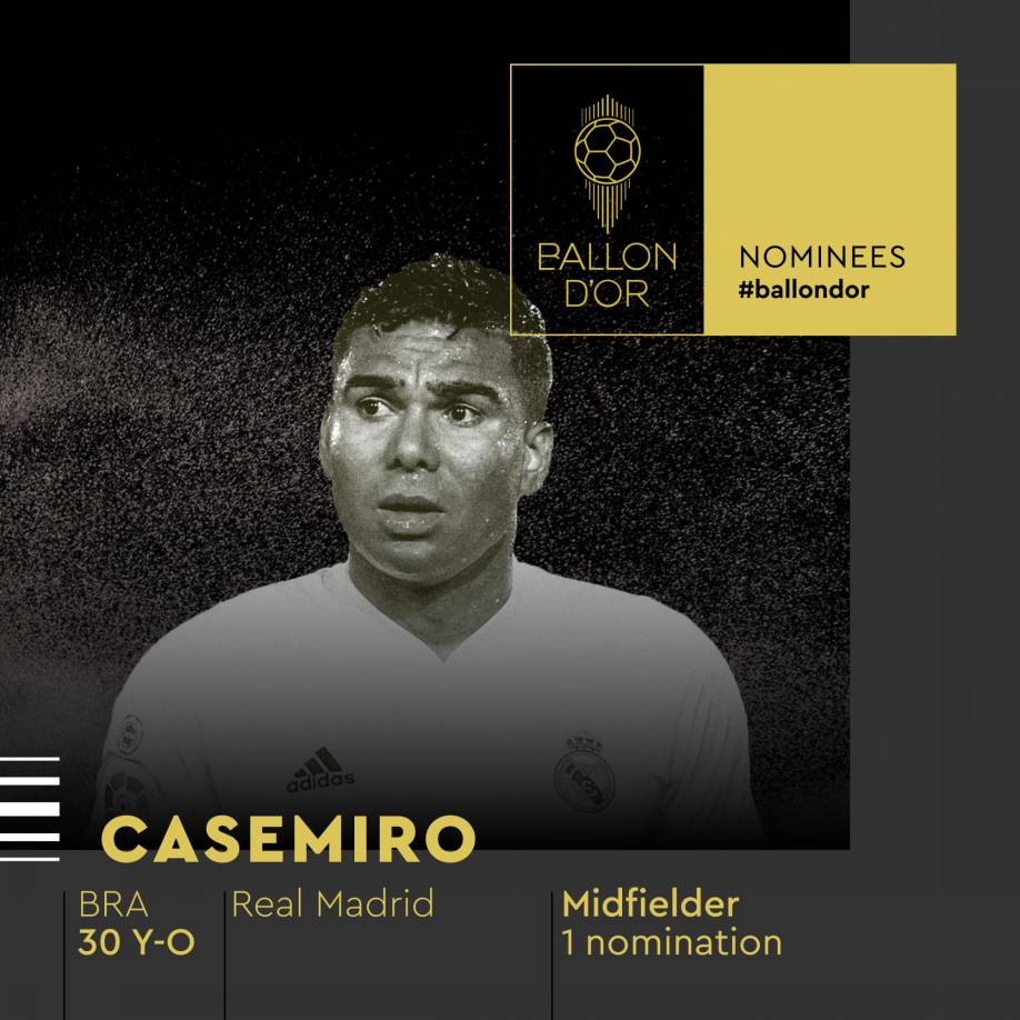 Casemiro - El mediocampista brasileño del Real Madrid entra por primera vez en la lista de candidatos al Balón de Oro.