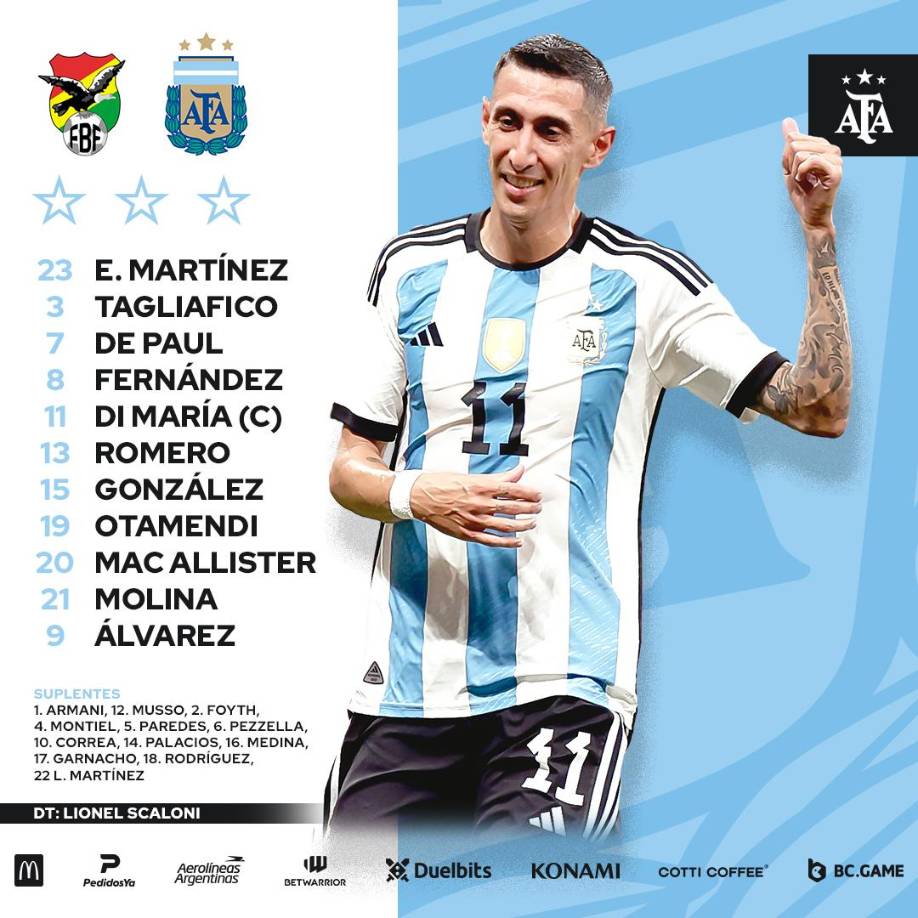 La convocatoria de Lionel Scaloni para el duelo entre Argentina y Bolivia por la segunda fecha de las eliminatorias sudamericanas.