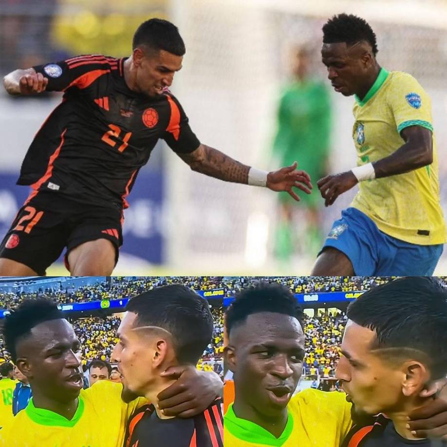 Lindo momento tras el Colombia-Brasil. Vinicius abraza y reconoce el trabajo de Daniel Muñoz, quien anotó el gol de Colombia y estuvo imperial ante él en la marca.