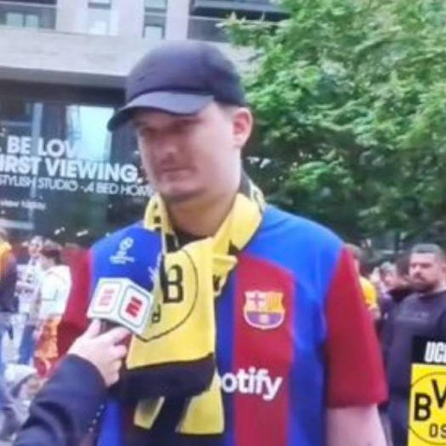 Y no puede faltar el aficionado del Barcelona que llegó a Wembley para apoyar al rival del Real Madrid.