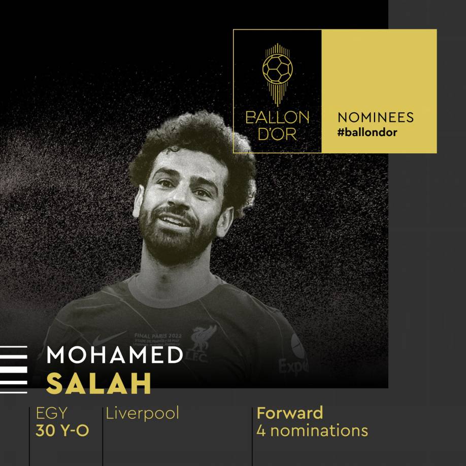 Mohamed Salah - El delantero egipcio del Liverpool vuelve a aparecer en la lista de candidatos del Balón de Oro. Es su cuarta nominación.