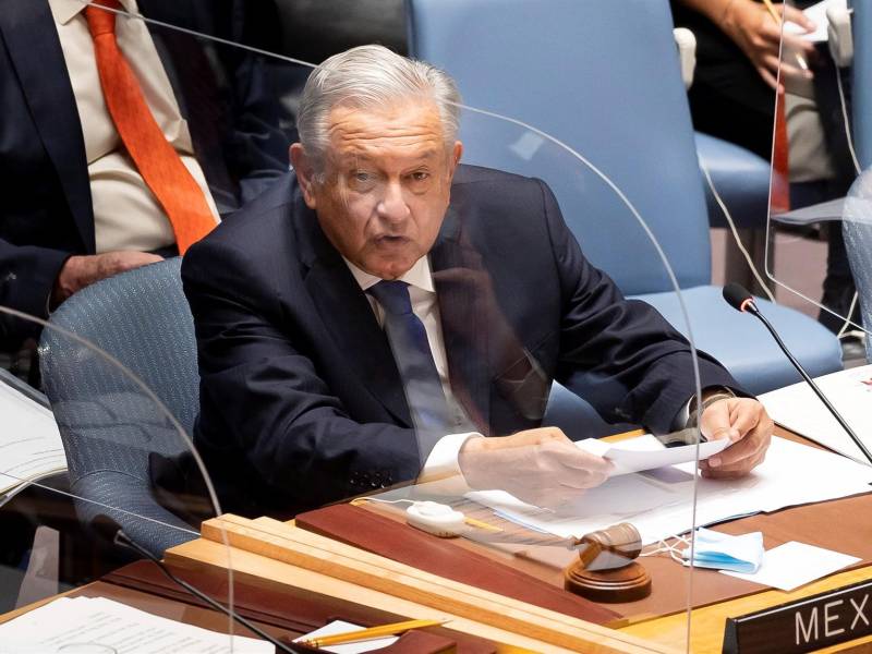 El presidente de México, Andrés Manuel López Obrador, habla ante el Consejo de Seguridad de Naciones Unidas, el 9 de noviembre de 2021, en Nueva York.