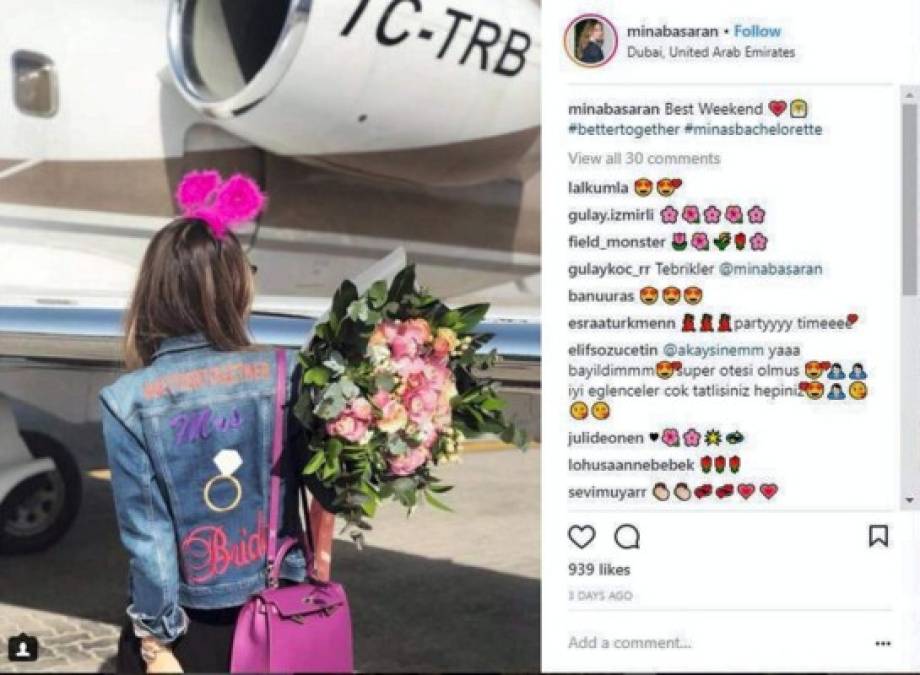 Mina, hija del millonario Huseyin Basaran -ex presidente del club de fútbol Trabzonspor y accionista en el banco de inversiones Bahrain, viajó a los Emiratos para celebrar su despedida de soltera y lo documentó en su cuenta de Instagram.