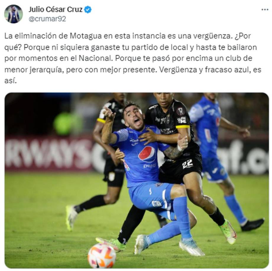 Julio Cruz, reportero de Diario El Heraldo, explicó por qué es una “vergüenza” la eliminación de Motagua. “Ni siquiera ganaste tu partido de local y hasta te bailaron por momentos. Te pasó por encima un club de menor jerarquía, pero con mejor presente”, explicó.