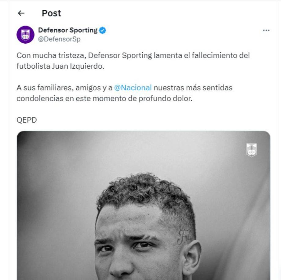 Defensor Sporting de Uruguay lamentó la muerte de Juan Izquierdo.