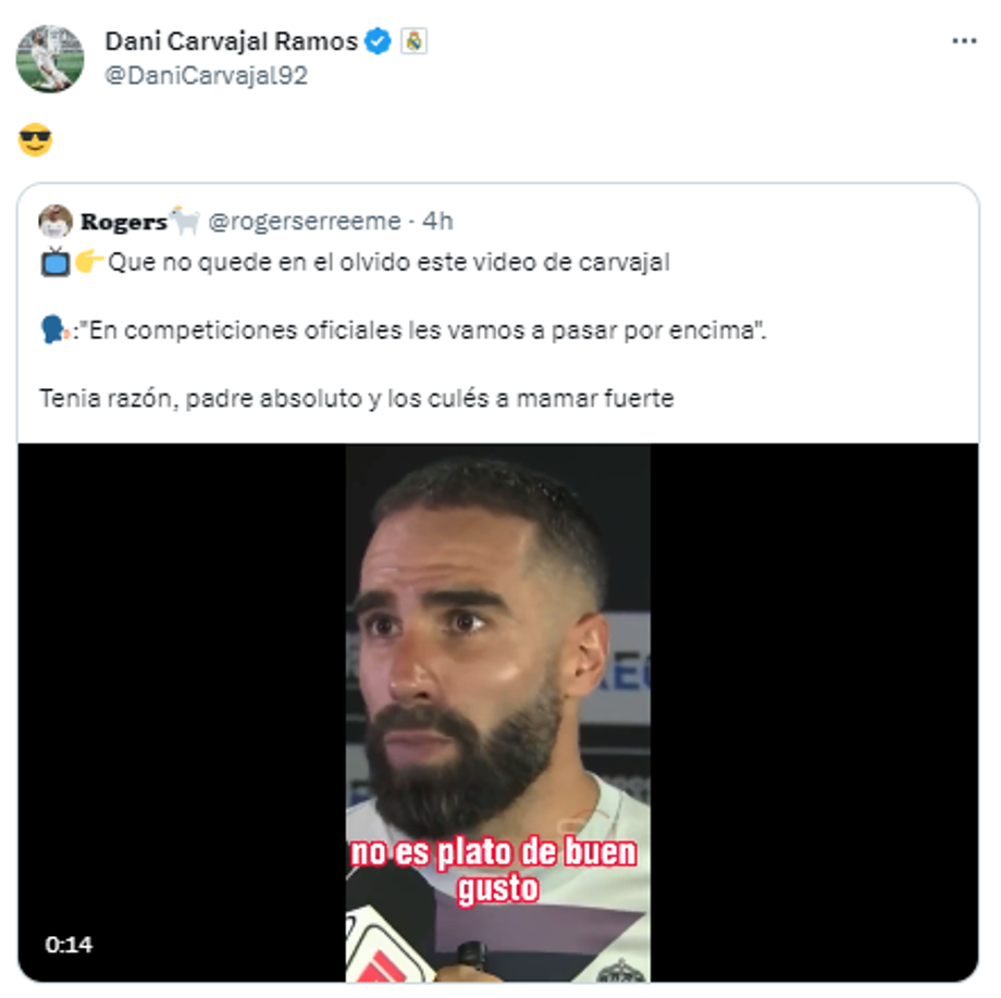 Carvajal también reposteó en sus redes sociales el video tras el amistoso ante el Barcelona en Estados Unidos: “En competiciones oficiales les vamos a pasar por encima”.