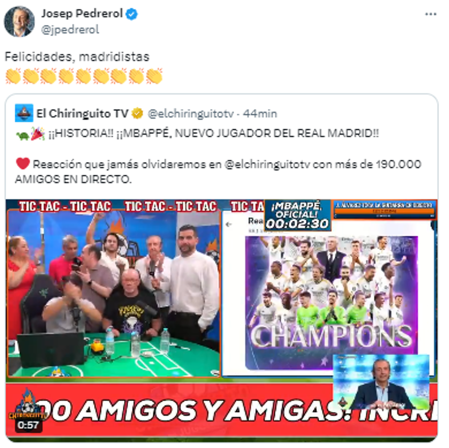 Josep Pedredol sobre el fichaje de Mbappé al Real Madrid: “Felicidades, madridistas”.