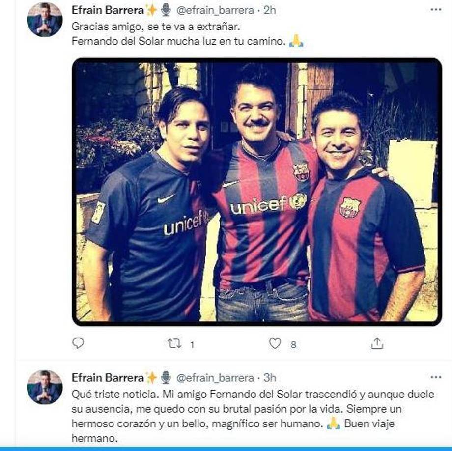 Efraín Barrera, comunicador, conferencista y ex compañero de Del Solar en “Venga la Alegría”, hace varios años, siguió en contacto con él en todo momento y era parte de sus chats de WhatsApp más cercanos. “Somos algunos amigos que estamos ahí y los que lamentamos profundamente su fallecimiento. Siempre lo vamos a recordar tirando buena vibra, de sus últimos mensajes era que estaba feliz por el tema de sus conferencias. Las estaba dando muy contento. Incluso me invitó a que lo acompañara a alguna de sus giras, estaba viajando mucho”, detalló Barrera en entrevista.